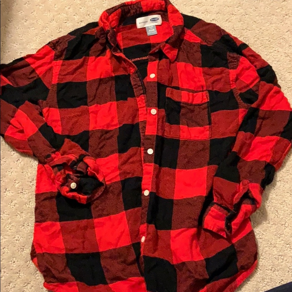 Red and black plaid button down shirt